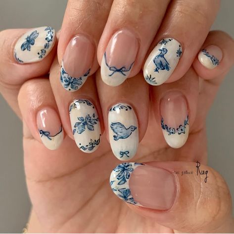 Fine China Nails Design, China Blue Nails, Delft Blue Nails, Blue Willow Nails, Blue And White Porcelain Nails, Delft Nails, Pigeon Nails, Chinoiserie Nails, Greek Summer Nails