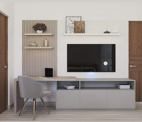 Desk And Entertainment Center Combo, Tv Console With Desk, Desk Under Tv Bedroom, Desk And Tv Stand Combo, Office Living Room Combo, Living Room Office Combo, Japandi Living Room Design, Home Office Layouts, Living Room Redesign