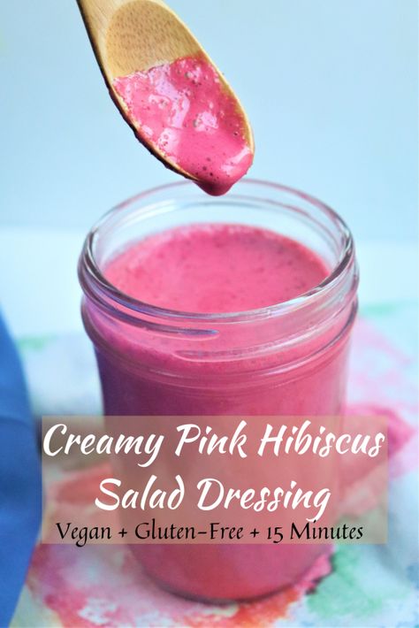 Creamy Pink Hibiscus Salad Dressing - Very Vegan Val Pink Salad Dressing, Hibiscus Recipe, Salads In A Jar, Great Vegan Recipes, Pink Sauce, Dried Hibiscus Flowers, Vegan Salad Dressing, 2023 Makeup, Vegan Dressing