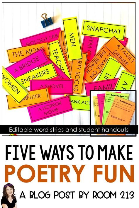 Teaching poetry? Avoid the groans from your students by making the process a little more fun for them. Room 213 has strategies and free activities that you can use to get your students interested in (and less afraid of) poetry. #poetrylessons #middleschoolela #highschoolenglish #teachingpoetry #figurativelanguage Poetry Stations Middle School, Poetry Unit High School, Middle School Poetry Activities, Fun Poetry Activities For Middle School, Poetry For Elementary Students, Teaching Poetry High School, Poetry Activities Middle, Teaching Poetry Middle School, Poetry Activities Elementary