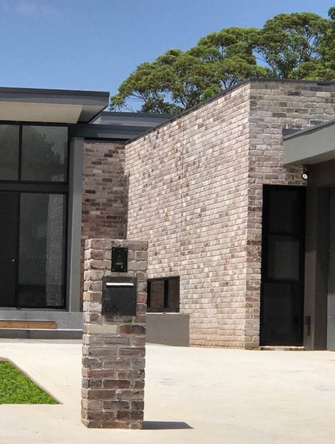 Brick Facade House Exterior Colors, White Brick And Timber Exterior, Interior Exposed Brick, Light Brick Facade, Recycled Brick Facade, Brick Letterbox Ideas Australia, Recycled Brick House, Recycled Brick Paving, Brick Cladding Exterior House