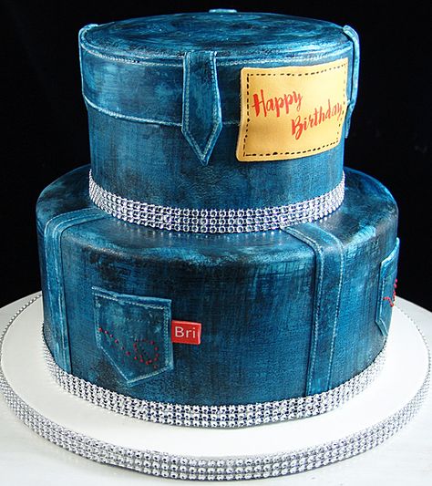 Blue And Gold 40th Birthday Cake, Blue 50th Birthday Cake, New York Cake Ideas, New York Birthday Theme Cakes, Birthday Cake Nyc, Happy Birthday Jean, Denim Baby Shower, Diamond Theme Party, Diamonds And Denim Party