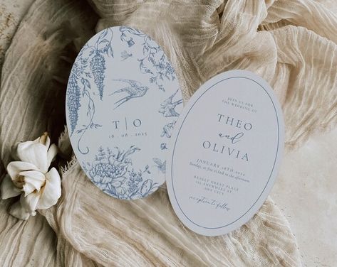 MoneoUKDesign - Etsy Türkiye Oval Wedding Invitation, Wedding Invitation Dusty Blue, Invitation Dusty Blue, Blue Wedding Details, Wedding Invitation Blue, Dusty Blue Wedding Invitation, Canva Guide, Blue Floral Wedding, Pdf Design