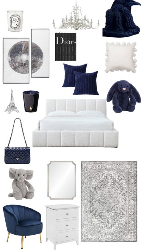 #bedroom #inspo White Room With Navy Accents, Room Inspo Mood Board, Cute Decor Items, Blue And White Aesthetic Bedroom, Navy Room Bedroom, Navy Blue Bedroom Decor Ideas, Blue Wall Aesthetic Bedroom, Marble Bedroom Floor, Navy Blue And White Bedroom Ideas