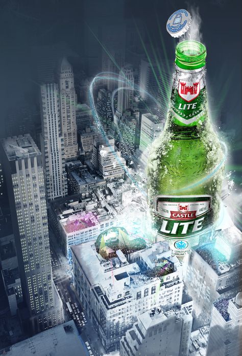 "Gulliver" - Castle Lite extra large 440ml launch concept.  Effects in collaboration with Ami Collective Castle Lite, Sublimation Images, Dasani Bottle, Light Beer, Photoshop Art, Neon Lights, Neon Lighting, Plastic Water Bottle, Beer Bottle