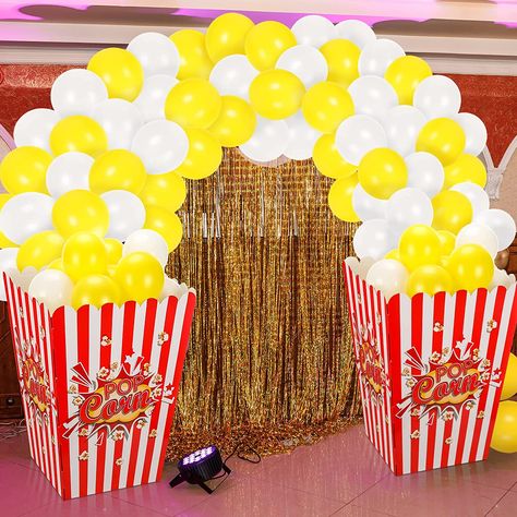 Popcorn Theme, Cardboard Stand, Popcorn Stand, White Popcorn, Movie Popcorn, 50 Balloons, Carnival Decorations, Movie Themed Party, Yellow Balloons