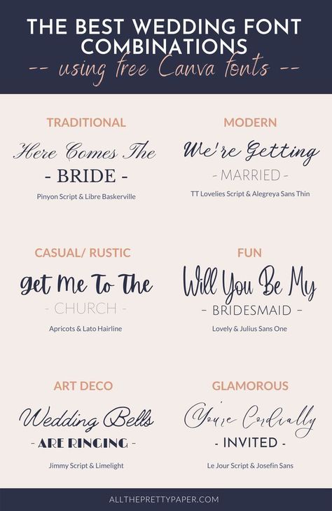 This post is all about how to pair fonts to design your own wedding stationery, as well as a rundown of the best free Canva wedding font combinations for #weddingfonts #weddingfontsforinvitations Canva Font For Wedding, Best Canva Fonts For Wedding, Canva Invitation Fonts, Canva Fonts Combinations Free, Free Canva Wedding Fonts, Canva Wedding Fonts Pairing, Wedding Font Pairings Canva, Wedding Font Canva, Canva Font Pairing Wedding