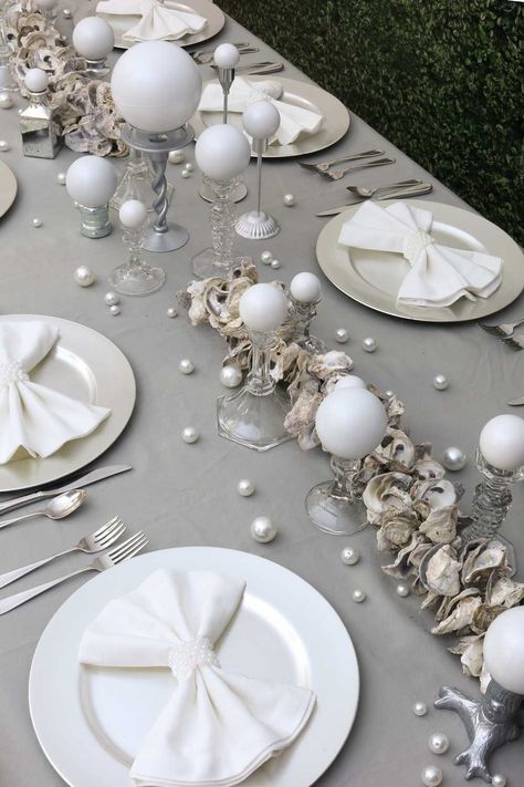 Pearl Vase Filler Ideas, Pearl And Oyster Theme Party, Pearl Table Cloth, Pearl Theme Party Ideas, White Birthday Party Aesthetic, Pearl Theme Decor, Pearls And Prosecco Table Decor, Engagement Table, The World Is Your Oyster Party