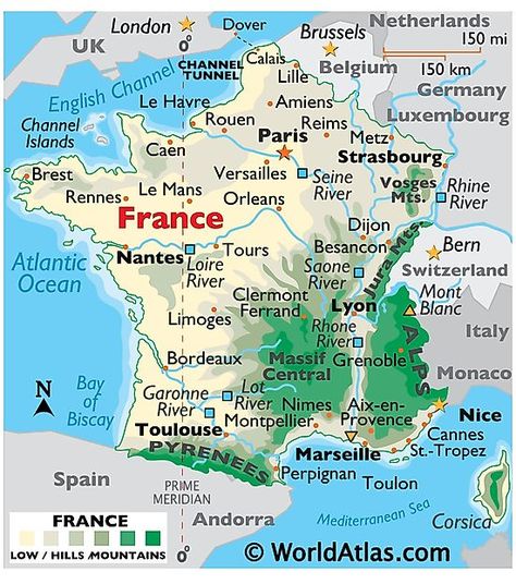 Physical Map of France France Facts, Facts About France, Africa Tattoo, Map Of France, Maps Of The World, Regions Of France, Country Facts, Physical Map, France Culture