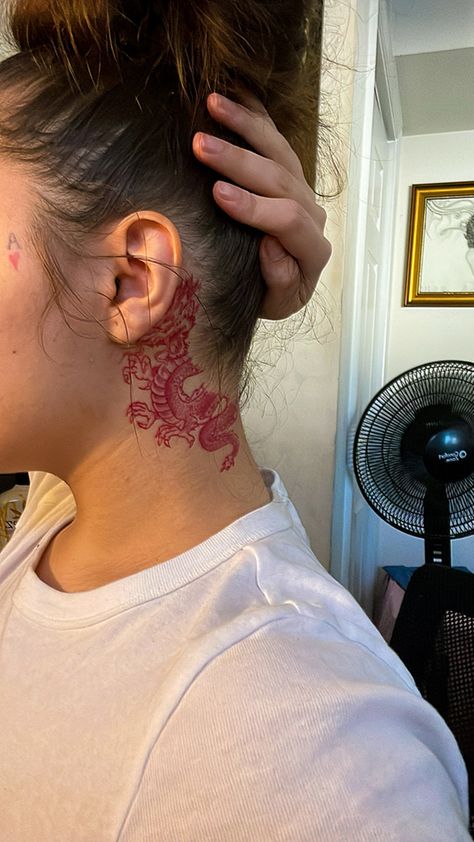 Red Dragon Behind Ear Tattoo, Tiger Behind Ear Tattoo, Red Dragon Tattoo Neck, Red Japanese Tattoo Behind Ear, Chinese Dragon Neck Tattoo, Coi Fish Behind Ear Tattoo, Red Ink Neck Tattoos Women, Behind The Ear Cover Up Tattoo Ideas, Red Tattoos Behind Ear