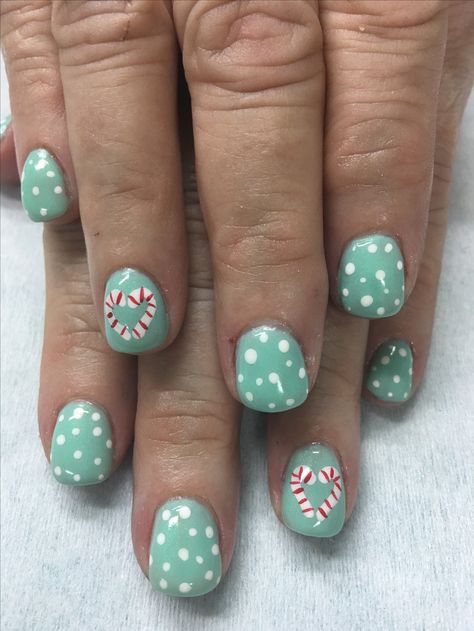 Christmas nails, Mint with Polka Dots and Hand Painted Candy Cane Hearts Easy Green Christmas Nails, Candy Cane Heart Nails, Mint Christmas Nails, Mint Green Christmas Nails, Christmas Nails Candy Cane, Peppermint Nails, Polka Dot Nail Art Designs, Pink Winter Nails, Nails Candy Cane