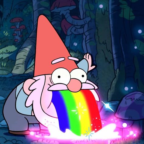 Gnome throwing up a rainbow! Gravity Fall, Gravity Falls, Cartoon Character, Gravity, Rainbow, Wallpapers, Tumblr, Tv, Disney