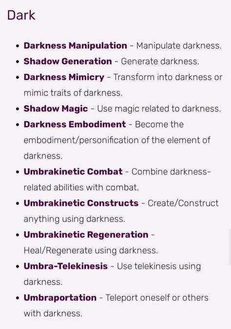 Abilities To Give Characters, Dark Magic Abilities, Powers For Dr, Dark Secrets For Characters, Cool Powers Ideas, Magic Abilities Ideas, Character Superpowers, Magic Ideas Inspiration, Power Ideas For Characters