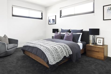 master bedroom with dark grey carpet brown timber bed and grey quilt cover set with purple cushions Dark Grey Carpet Bedroom, Black Carpet Bedroom, Grey Carpet Living Room, Grey Carpet Bedroom, Dark Grey Carpet, Bedroom Ideas For Men, Gray Bedroom Walls, Timber Beds, Luxe Living Room