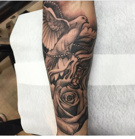 Scroll Tattoo, Dove Tattoo Design, Half Sleeve Tattoos Forearm, Dove Tattoos, Heaven Tattoos, Dove Tattoo, Girls With Sleeve Tattoos, Forarm Tattoos, Forearm Sleeve Tattoos