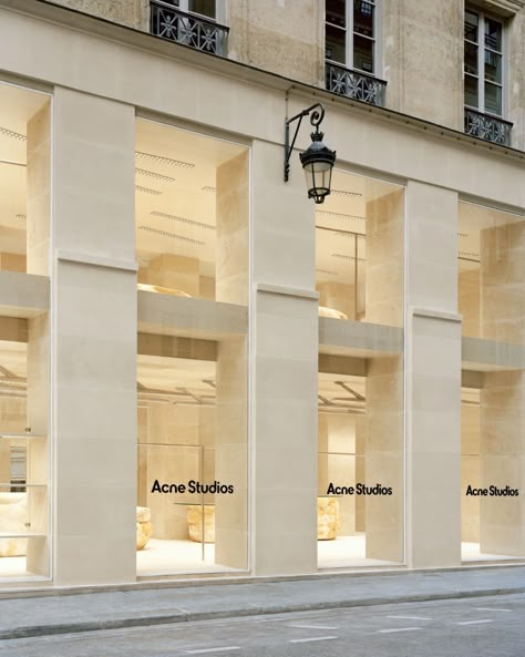 Store Concept Design, Acne Store, Seamless Door, White Facade, Architectural Facade, Casual Photography, Bespoke Staircases, Retail Facade, Parisian Architecture