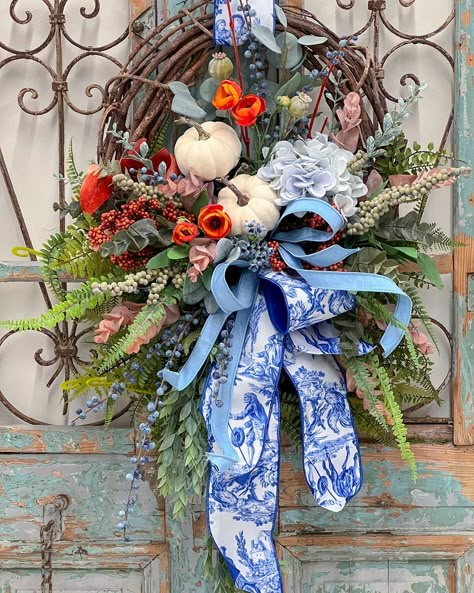 Thanksgiving Reef, Blue Fall Wreath, Product Instagram, Elegant Fall Wreaths, Fall Wreaths For Front Door, Fall Decor Wreaths, Floral Door Wreaths, Fall Thanksgiving Wreaths, Fall Decor Inspiration