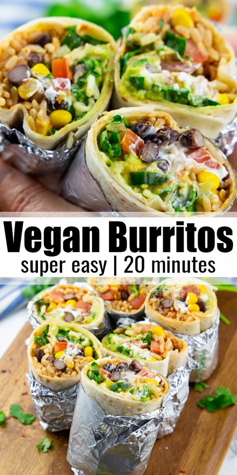 Burrito Vegan, Vegan Burritos, Resep Vegan, Rice Black Beans, Black Beans Corn, Vegan Burrito, Vegan Lunch Recipes, Resep Diet, Vegan Sour Cream