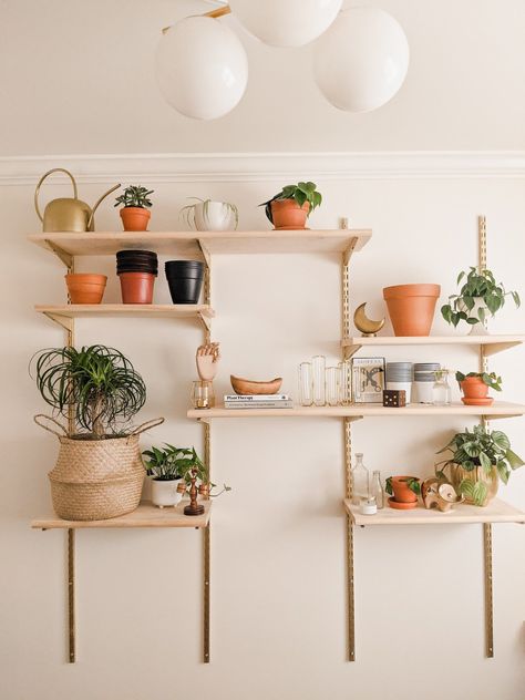 Diy Mid Century Shelving, Modular Shelving Diy, Mid Century Shelving Wall, Two Shelves On Wall, Modular Wall Shelves, Diy Plant Wall Shelf, Half Wall Shelves, Diy Small Bookshelf, Dining Room Wall Shelves