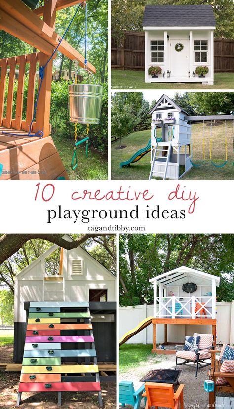 10 creative DIY playset and playground ideas (with links to the projects) Under Slide Ideas, Diy Yard Playground, Wooden Swingset Remodel, Homemade Playground Ideas Backyards, Kids Play Structure Outdoors, Outdoor Play Set Makeover, Playstructure Ideas For Kids, Playset Makeover Ideas, Back Yard Kids Fun