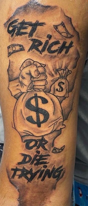 Love The Hustle Tattoo, Arm Tattoo Men Money, Money Man Tattoo, Hood Rich Tattoos, Tattoo Ideas For Men Money, Money Half Sleeve Tattoos, Money Forearm Tattoo Men, Money Tattoo Designs Men, Money Motivated Tattoo