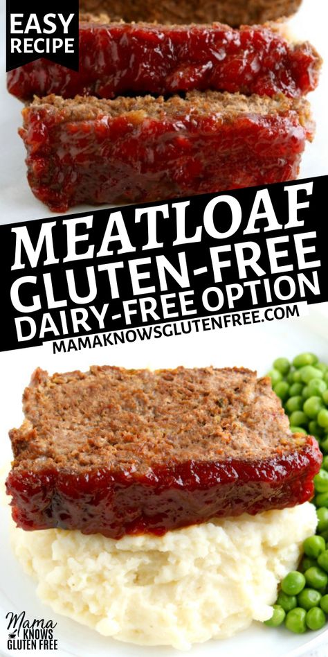 Gluten-free meatloaf with mashed potatoes and peas. Egg Free Meatloaf, Dinner Gluten Free Dairy Free, Mama Knows Gluten Free, Gluten Free Dairy Free Recipes Dinner, Gluten Free Dairy Free Dinner, Gluten Free Meatloaf, Dairy Free Lunch, Dairy Free Recipes Dinner, Lactose Free Recipes