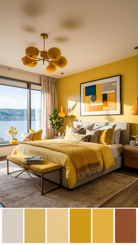 Cheerful yellow bedroom with vibrant decor, featuring soft pastels and bold hues, bright accents, and stylish accessories, creating a warm and inviting space. Yellow Primary Bedroom, Yellow Interior Design Bedroom, Yellow Bedroom Ideas Aesthetic, Yellow And Orange Bedroom Ideas, Yellow Modern Bedroom, Light Yellow Bedroom Ideas, Mustard Yellow Bedroom Walls, Colour Shades For Living Room, Room Inspo Yellow