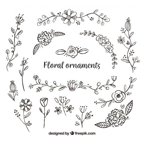 Set of hand drawn flower ornaments Free Vector Flower Banner Drawing, Flower Ornaments Drawing, Traceable Patterns, Calligraphy Flowers, Embellishment Drawing, Doodle Art Flowers, Banner Drawing, Hand Drawn Elements, Ornament Drawing