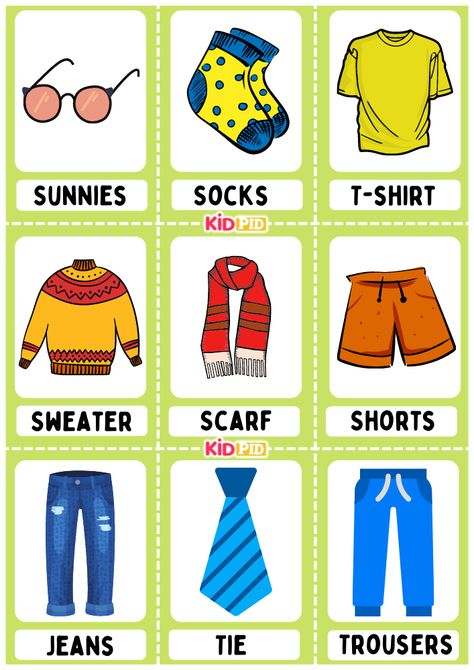 Clothes We Wear Flashcard Sheets What Color Are You Wearing Today Chart Preschool, Clothes Flashcards, Different Types Of Clothes, Display Boards For School, Types Of Clothes, Toddler Curriculum, 3rd Grade Math Worksheets, Alphabet Pictures, Display Boards