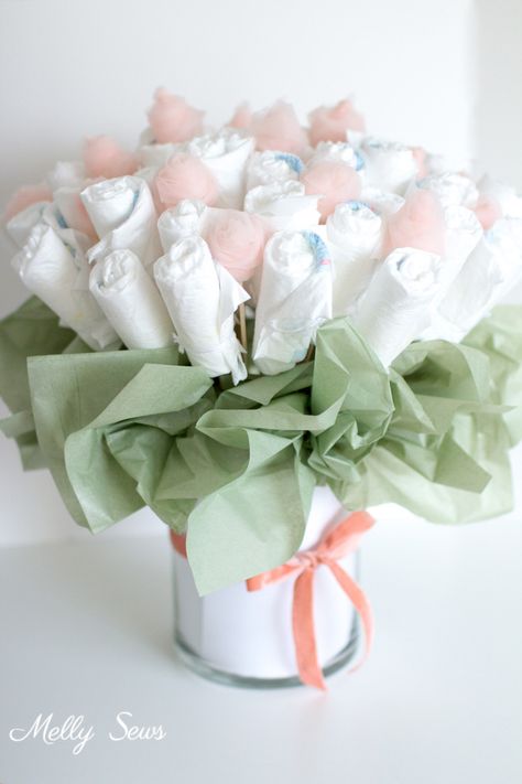 How to Make a Diaper Bouquet - Melly Sews Baby Shower Bouquet, Diaper Bouquet, Melly Sews, Idee Babyshower, Baby Shower Crafts, Folding Origami, Baby Shower Diaper Cake, Diy Baby Shower Gifts, Baby Diaper Cake