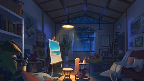 Night Room Illustration, Messy Room Concept Art, Room At Night Illustration, 2d Animation Background Room, Anime Living Room Background Night, Living Room Cartoon Background Night, Color Script, Night Art, Animation Background