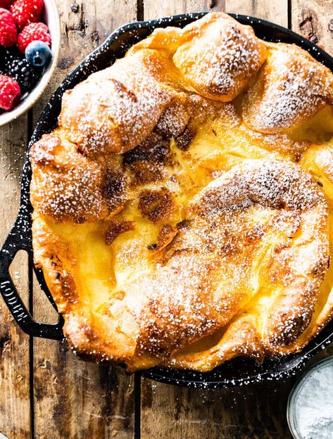 Easy German Pancakes Recipe (aka Dutch Baby Pancake) - CucinaByElena Easy German Pancakes, Dutch Baby Pancake Recipe, German Pancakes Recipe, Dutch Baby Recipe, Oven Pancakes, Baby Pancakes, German Pancakes, Gross Food, Dutch Baby Pancake