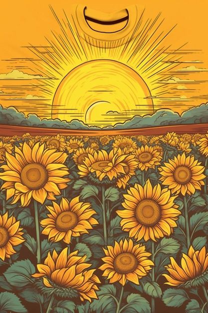 Sun And Sunflower Drawing, Sunflower Art Ideas, Field Of Sunflowers Drawing, Sunflower Field Illustration, Sun Illustration Design, Sun Flowers Drawing, Sunflower Field Drawing, Sunflower Drawing Aesthetic, Sun Aesthetic Art