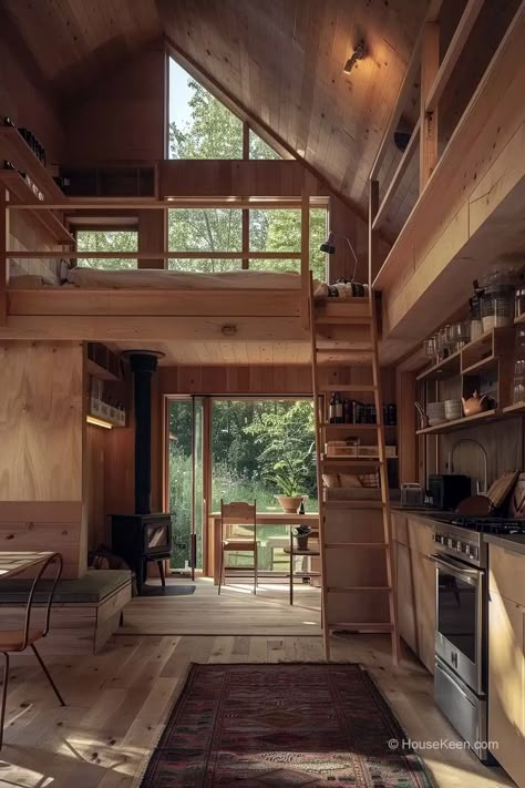 Tiny House Mountains, Tiny House Big Windows, Tiny House Fireplace, Tiny House Aesthetic, Wood Tiny House, Small Cabin With Loft, Minimalist Tiny House, A Frame Cabin Plans, House Fireplace