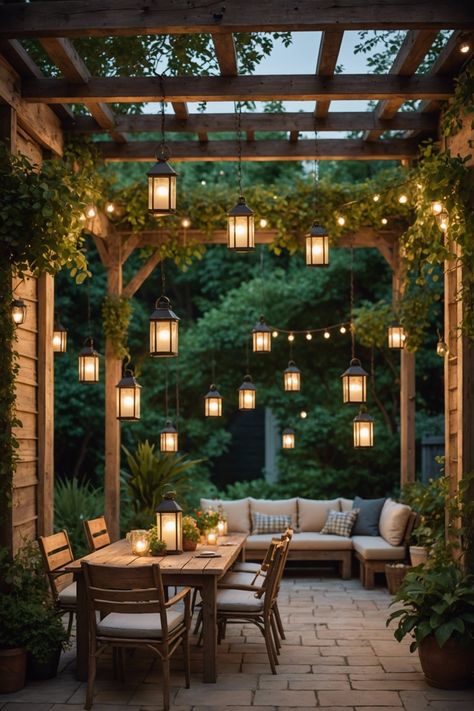 20 Stunning Hanging Patio Light Ideas - Toolz Geek Whimsical Outdoor Lighting, Pergola Decorations Ideas, Lights On Trellis, Outdoor Hanging Lights Pergola, Hanging Lights On Pergola, Pergola Lights Ideas, Pergola Lights String Ideas, Lantern Hanging Ideas, Pergola Lanterns