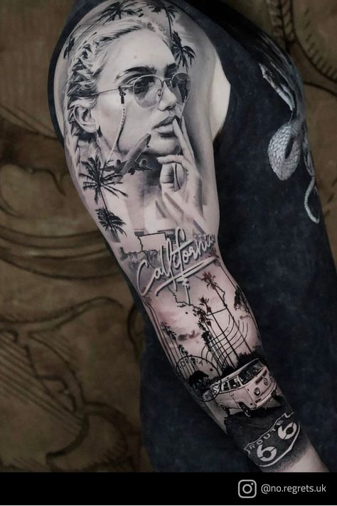 Full Sleeve Realism Tattoo, Light Tattoo Sleeve Women, California Leg Sleeve Tattoo, California Sleeve Tattoo, Tattoo Sleeve Realism, Sleeve Tattoos Realism, Los Angeles Tattoo Design, Black And Grey Realism Tattoo Sleeve, Car Tattoo Sleeve