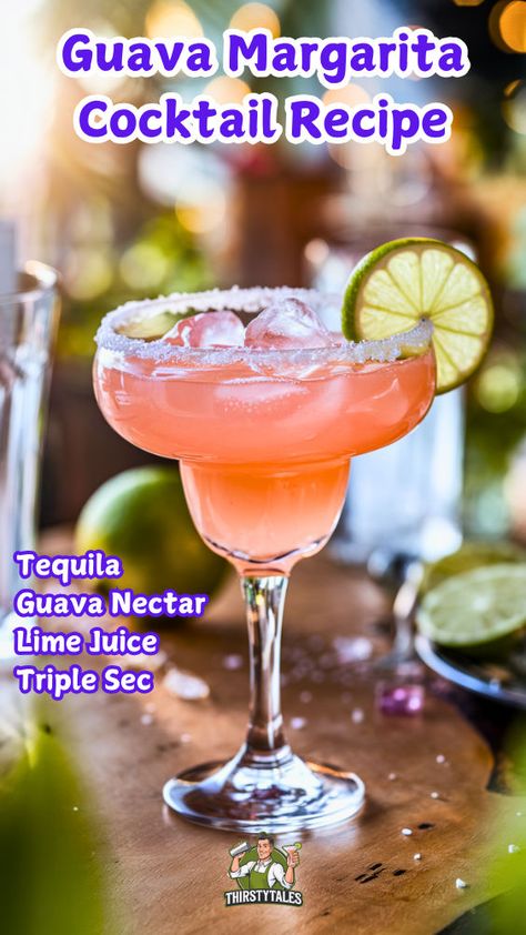 "Discover the refreshing Guava Margarita Cocktail Recipe, a perfect blend of tropical flavors that will elevate your summer gatherings! This delicious guava drink combines fresh guava nectar with tequila, lime juice, and a hint of sweetness, making it an irresistible choice for warm days. Explore more guava recipes and enjoy this yummy summer cocktail that’s sure to impress. Perfect for parties or a relaxing evening, this Guava Margarita is the ultimate tropical drink recipe you need to try!" Guava Nectar Recipes, Guava Drink, Guava Margarita, Guava Nectar, Tropical Drink Recipes, Guava Recipes, Cocktail Recipes Tequila, Summer Mocktails, Yummy Summer Cocktails