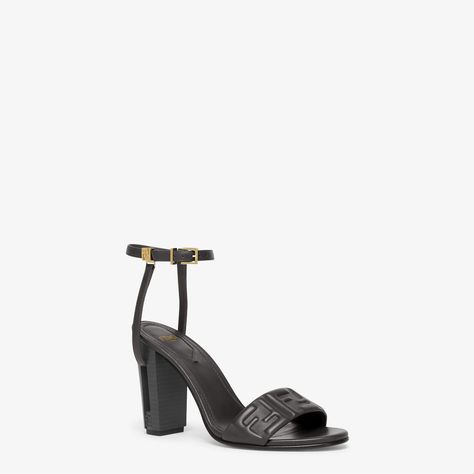 Delfina - Black FF nappa leather high-heeled sandals | Fendi Luxury Black Open Heel Heels, Luxury T-strap Sandals With Open Heel, Fendi Feel Sandals, Fendi First Heels, Luxury Leather T-strap Sandals With Open Heel, Fendi Heels, Toe Sandals, Fragrance Gift, Leather High Heels