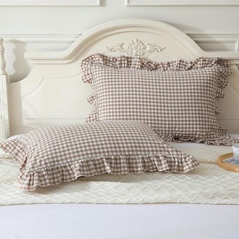 Amazon.com: Mywinlle Taupe/White Plaid Ruffle Pillowcases Farmhouse Queen Size Pillow Shams,Shabby Checkered Gingham Pillow Cases Washed Cotton Pillow Covers Set of 2 (20"x30",Taupe/White Plaid : Home & Kitchen Gingham Pillow Case, Gingham Pillow, Ruffle Pillow Case, Spare Room Ideas, Farmhouse Pillow Covers, Bedroom 2023, Spring Bedroom, Neutral Bedding, Ruffle Pillow