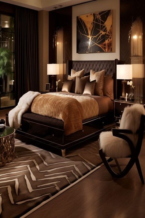 Dark Brown Bedrooms, Brown Bedroom Decor, Brown Rooms, Classy Bedroom, Modern Luxury Bedroom, Gold Bedroom, Brown Bedroom, Bedrooms Decor, Luxury Rooms