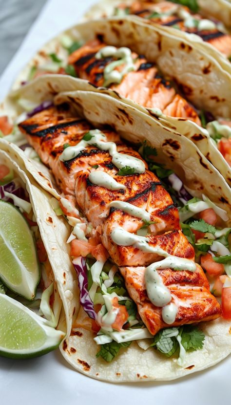 Delicious Salmon Tacos Recipe Trout Tacos Recipes, Salmon Taco Recipe, Salmon Street Tacos, Blackened Salmon Tacos Recipe, Non Acidic Meals Dinners, Breakfast Ideas With Salmon, Salmon Tacos Recipe Easy, Salmon Taco Recipes, Smoked Salmon Tacos