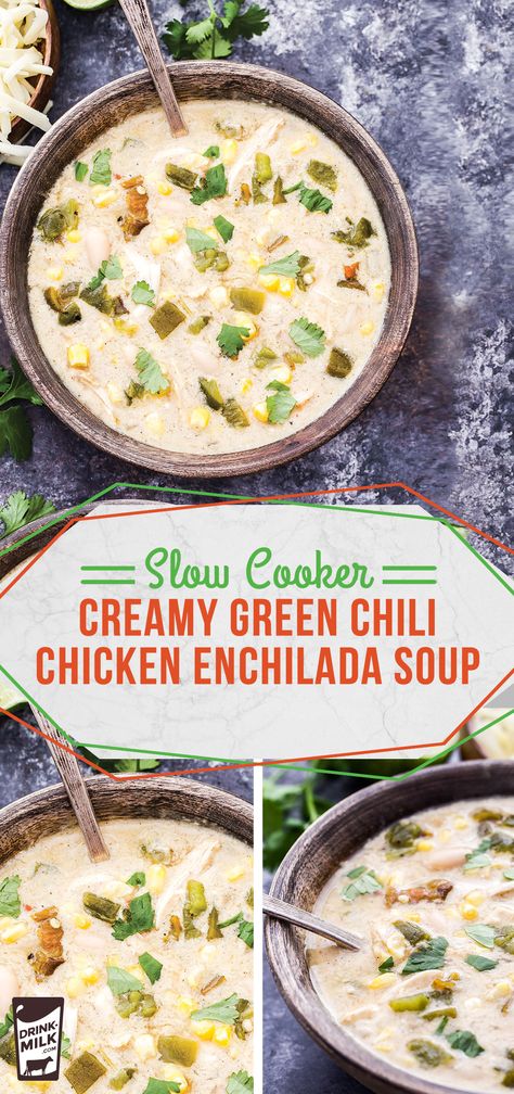 Slow Cooker Creamy Enchilada Soup Creamy Enchilada Soup, Green Chile Chicken Enchilada Soup, Chili's Chicken Enchilada Soup, Creamy Enchilada, Enchilada Soup Recipe, Green Chile Chicken Enchiladas, Green Chile Chicken, Chicken Enchilada Soup, Green Chiles