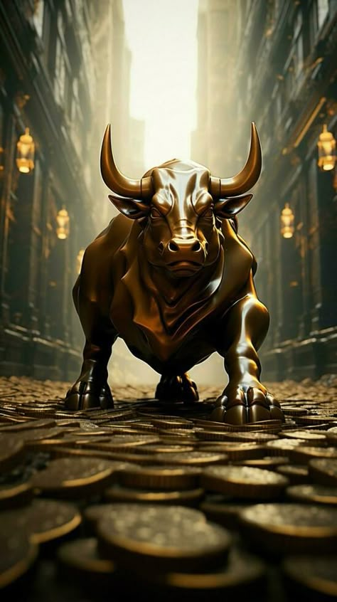 A stone road featuring a bull statue surrounded by scattered coins Vertical Mobile Wallpaper AI Generated Stock Market Trading Wallpaper Hd, Stock Market Wallpaper Iphone, Bull Stock Market Logo, Bull Bear Wallpaper, Stock Market Bull Wallpaper, Bull Market Wallpaper, Big Bull Stock Market Wallpaper, Trader Wallpaper Iphone, Trading Wallpaper Hd