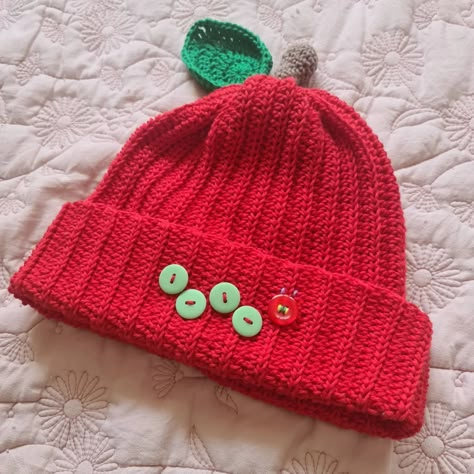 Hungry caterpillar beanie 😍😍😍 tutorial on YouTube pattern on my website #theveryhungrycaterpillar #crochet Very Hungry Caterpillar Knitting Pattern, Hungry Caterpillar Scarf Crochet, Crochet Fruit Beanie, Cute Crochet Hat Ideas, Crochet Fruit Hat, Crochet Ideas Hat, Very Hungry Caterpillar Crochet, Crochet Hungry Caterpillar, Hungry Caterpillar Crochet