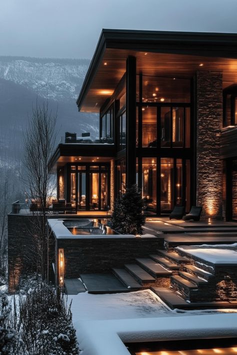 Transform your living room into a cozy, luxurious retreat with these modern winter design ideas. Dark House Interior Design Living Room, Mountain Home Modern, Cozy Living Room Winter, Luxury House Inside, Winter House Aesthetic, Big Living Room With Fireplace, Luxury Cabin Homes, Step Down Living Room Ideas, Luxury Winter Cabin