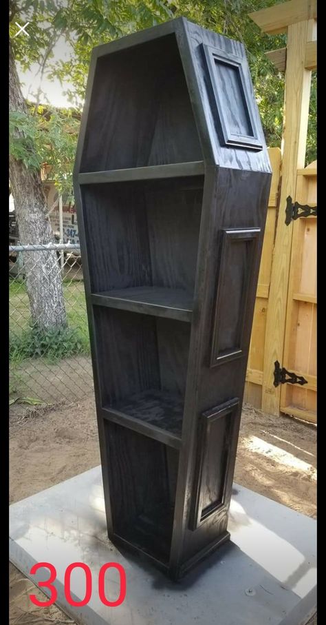 Coffin Dresser, Coffin Bookcase Diy, Goth Bookcase, Coffin Closet, Coffin Shelves Diy, Creepy Furniture, Diy Coffin Bookshelf, Diy Coffin Decor, Coffin Bookshelf Diy Plans