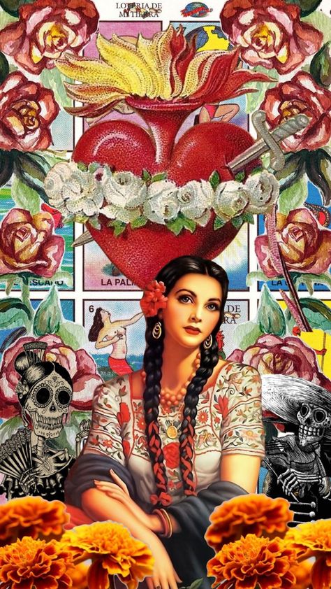 Chicana Art Wallpaper, Mexican Collage Art, Mexican Marigold Art, Mexican Brujeria, Loteria Wallpaper, Latino Art Aesthetic, Chicana Aesthetic Wallpaper, Mexican Art Wallpaper, Mexican Catholic Aesthetic