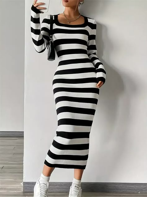 Long Bodycon Dress Outfit, Body Con Dress Outfit, Bodycon Sweater, Bodycon Sweater Dress, Striped Bodycon Dress, Clothing Model, Striped Sweater Dress, Pullover Outfit, Long Sweater Dress