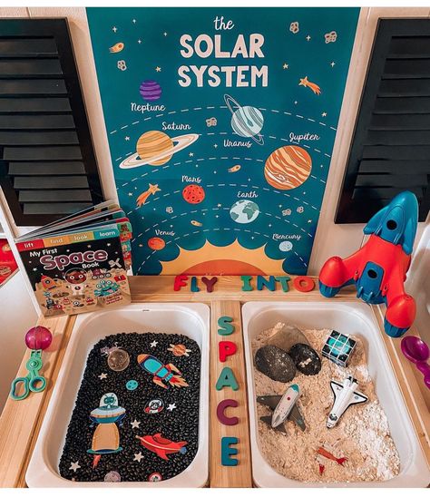 Space Theme Montessori Activities, Sensory Bin Space Theme, Solar System Sensory Bin, Space Sensory Table, Space Sensory Bin Preschool, Space Themed Sensory Bin, Diy Sensory Bin Table, Montosory Activities, Space Sensory Activities