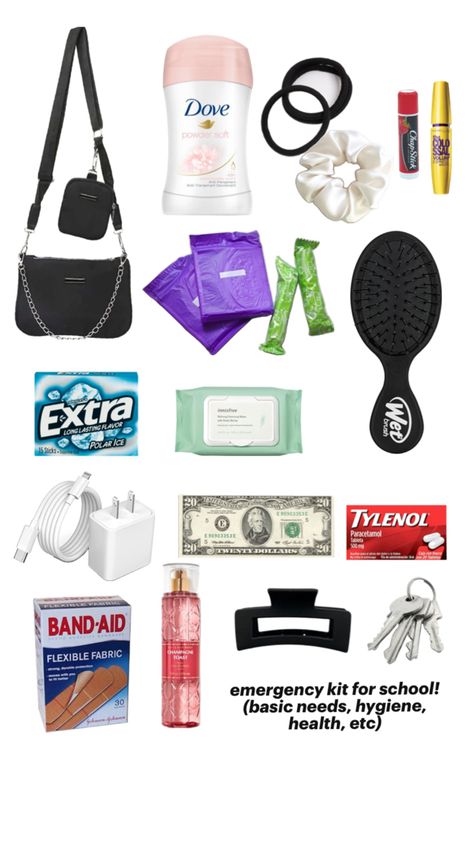 bag, deodorant, hair ties and scrunchies, lip balm, mascara, pads and tampons, wet wipes, mini brush, gum, phone charger, money, pain killers, bandages, perfume, claw clip, house/car keys Bag Necessities, Overnight Essentials, Kit For School, Before School Routine, School Necessities, Middle School Essentials, School Emergency Kit, School Backpack Essentials, Volleyball Bag